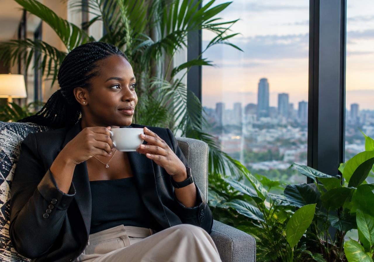 A woman relaxing with a cup of tea by a window overlooking Nairobi