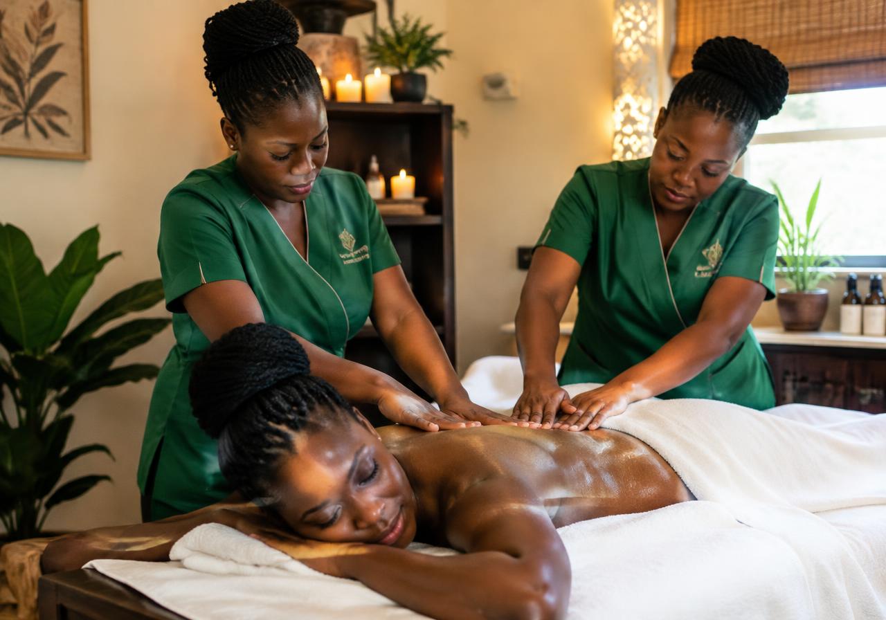 Two therapists giving a synchronised back massage to a relaxed guest