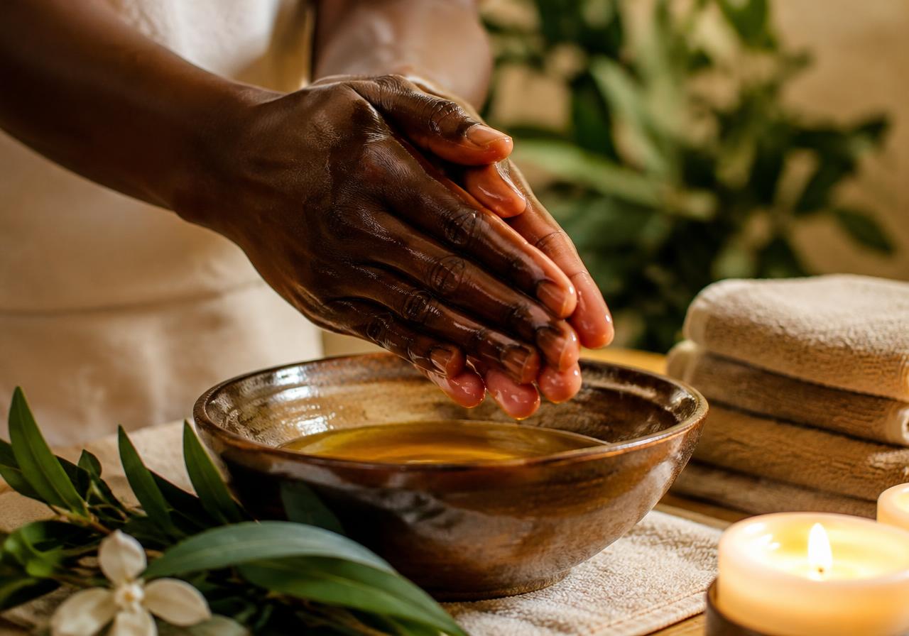 A therapist warming massage oil between her hands above a ceramic bowl