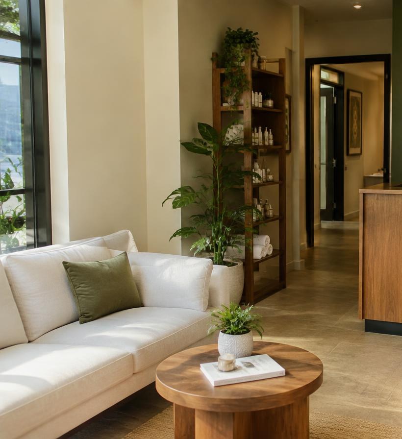 A calm spa reception lounge with green plants and warm wood
