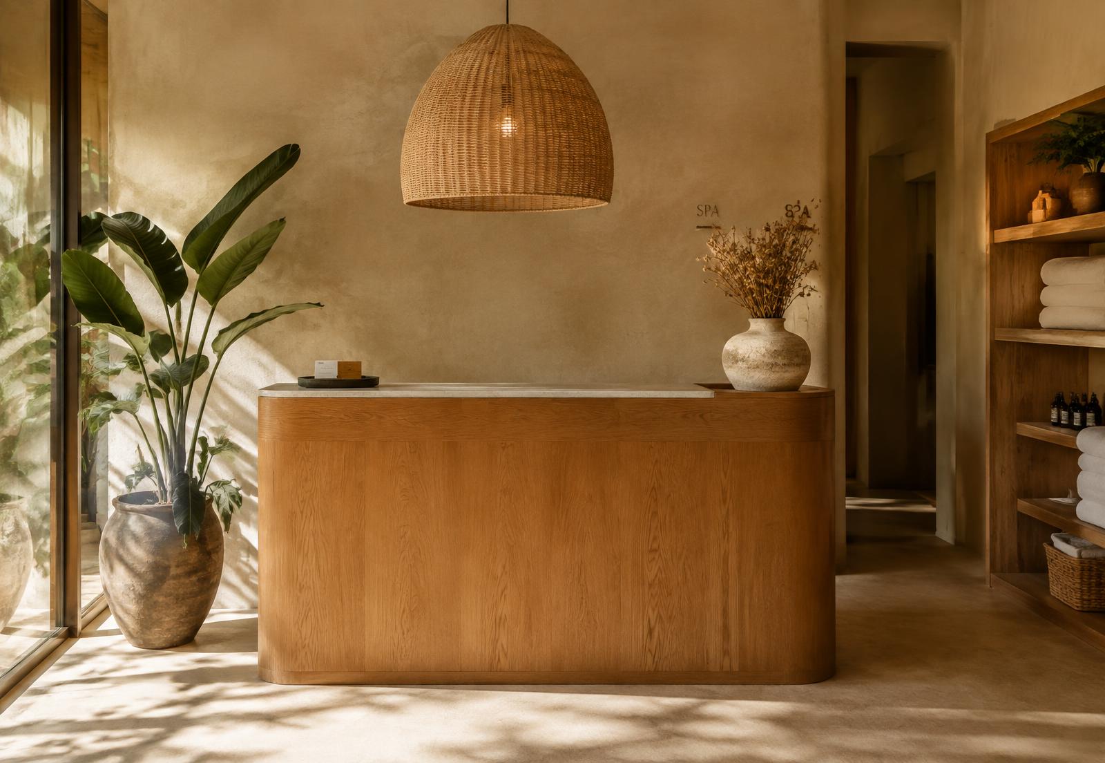 A calm spa reception with a wooden counter and woven lamp