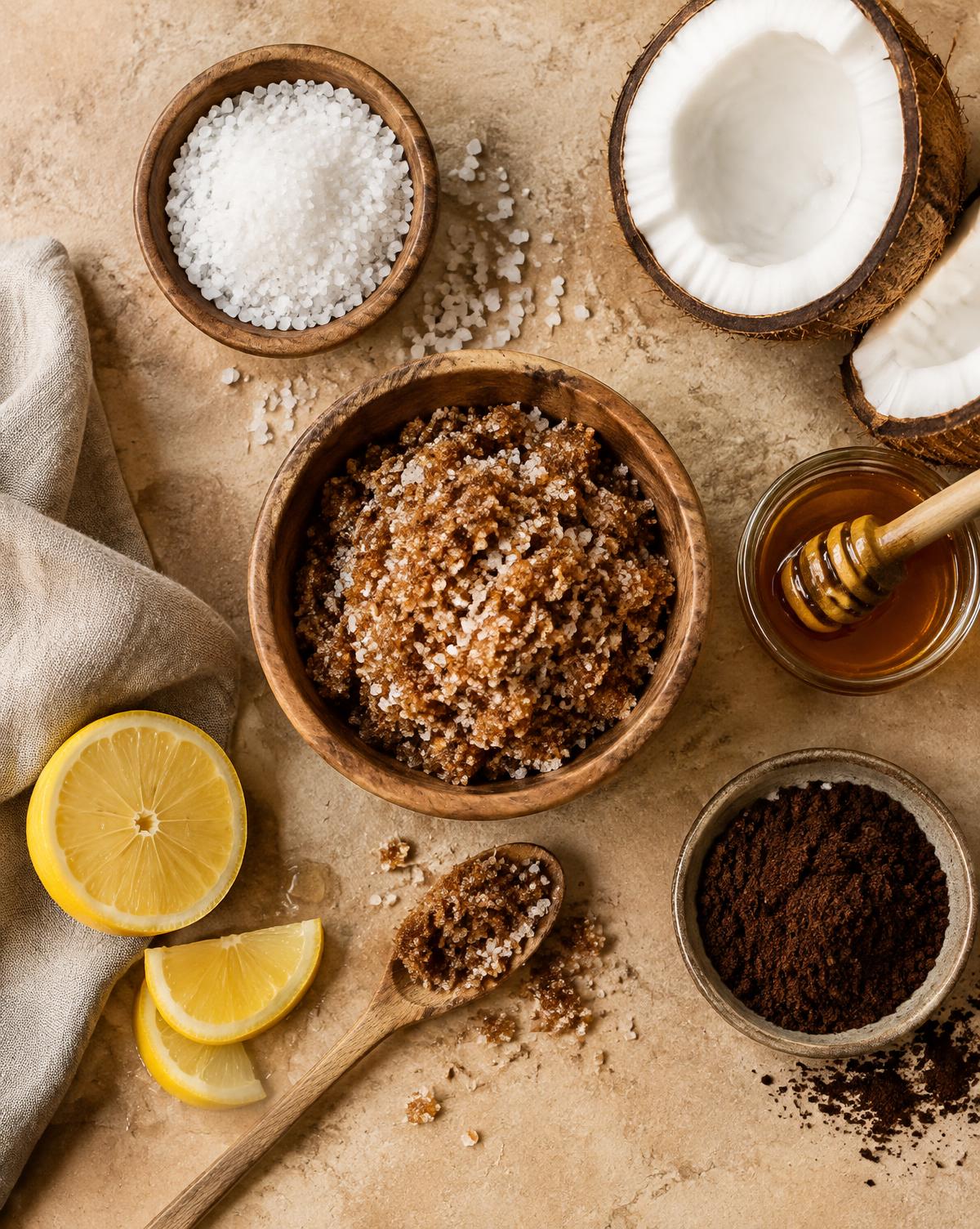 Body scrub ingredients in wooden bowls