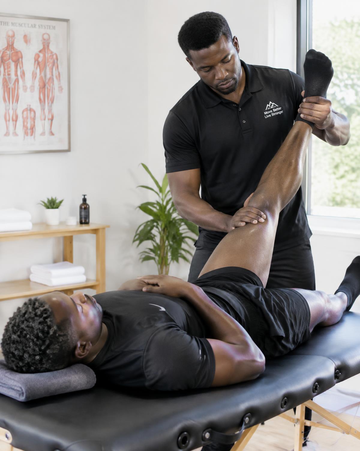 Therapist stretching a man's leg during a sports massage